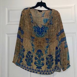 Tolani long sleeve blouse. Tan with royal blue floral detail.
